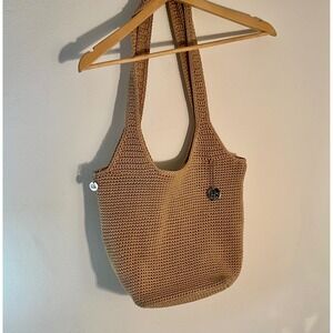 The Sak Originals Tan Crochet Hobo‎ Bag Purse Boho Zip Pocket Woven Crossbody